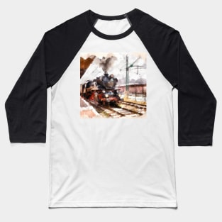 Steam Locomotive Pulling into Rail Yard Baseball T-Shirt